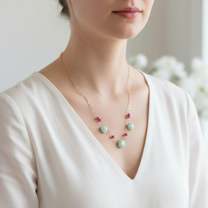 Dainty Gold Chain Mint and Hot Pink Gemstone Necklace