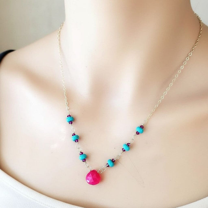 Gold Filled Pink Chalcedony Turquoise Gemstone Drop Necklace