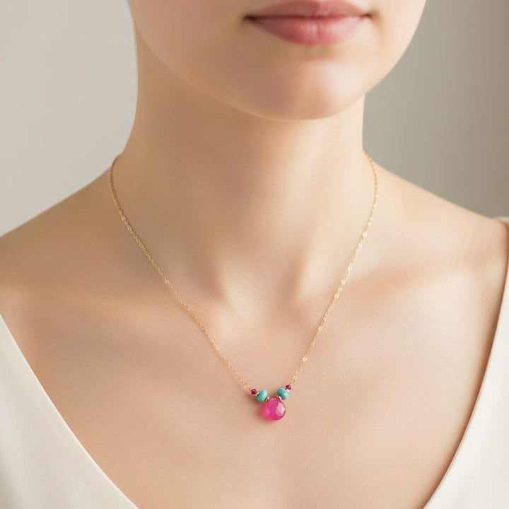 Gold Filled Turquoise and Pink Gemstone Drop Necklace