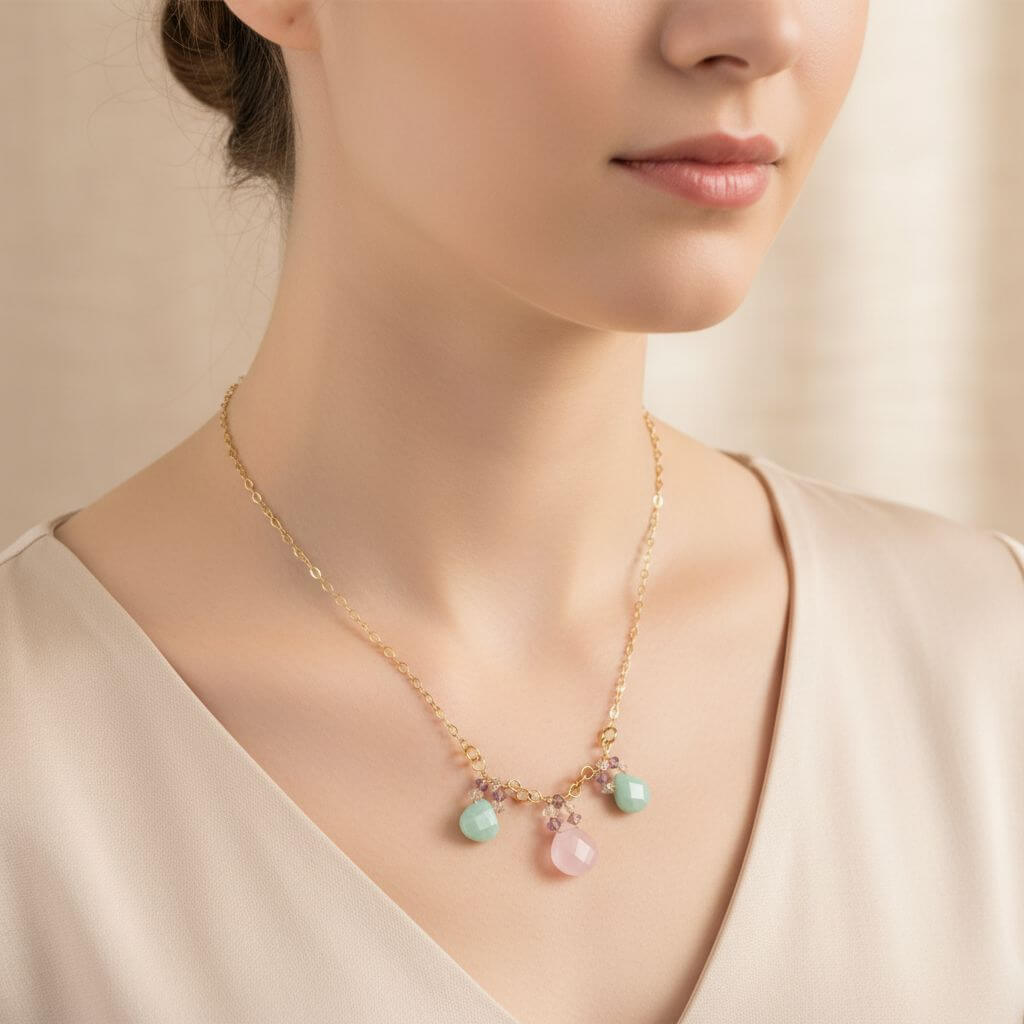 Beautiful Light Pink and Mint Chalcedony 14 Kt Gold Filled Necklace