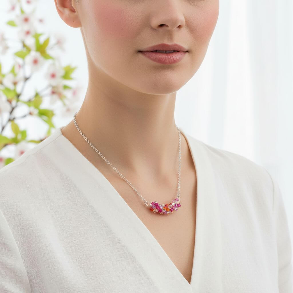 Silver Multi Color Spring Blossom Crystal Necklace