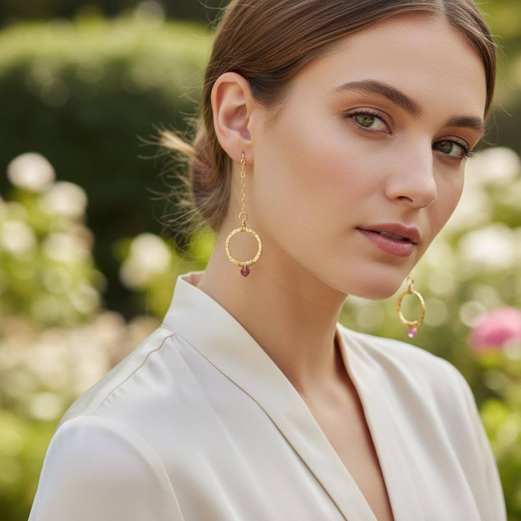 14 KT Gold Filled Wire Wrapped Pink Chalcedony Open Circle Earrings