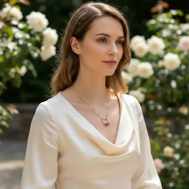 Model wearing a Gold Filled Pink Chalcedony Open Circle Necklace in a floral garden.