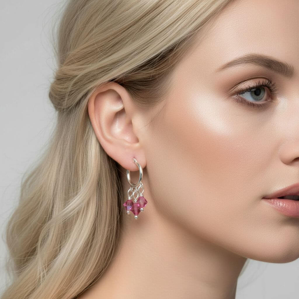Mini Sterling Silver Hoop Pink Crystal Dangle Earrings