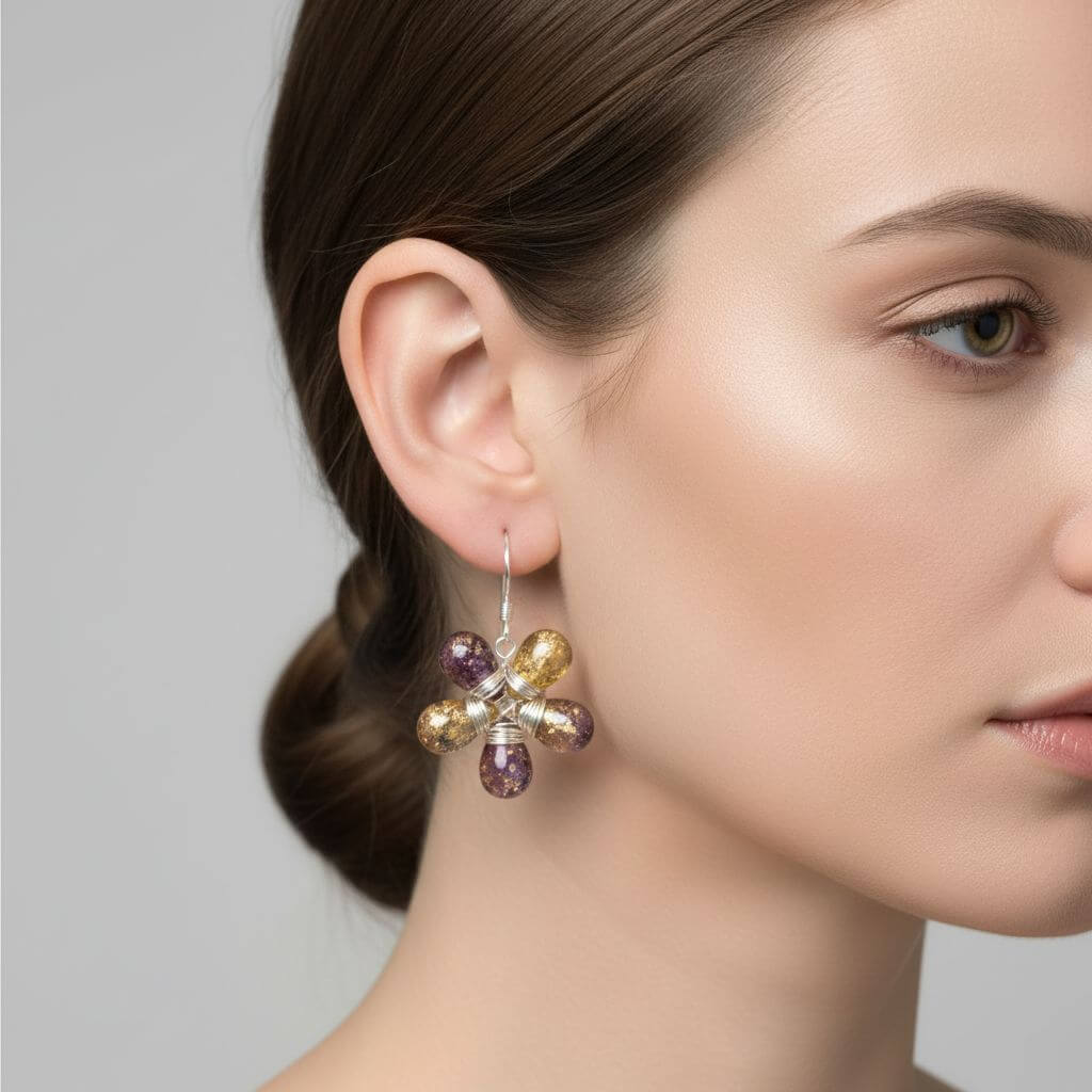 Purple and Yellow Flower Sterling Silver Earrings