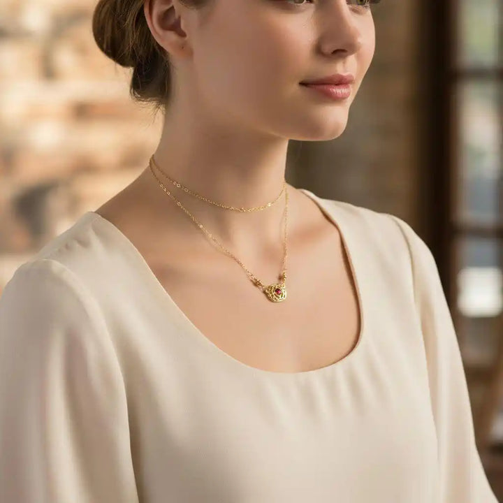 Red Crystal 14 K Gold Filled Adjustable Filigree Choker worn by a model showcasing its elegance and design.