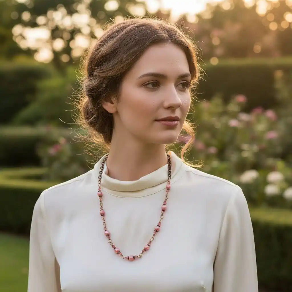Model wearing a 24-Inch Copper Peach Pearl Crystal Wire Wrapped Necklace in a garden setting.