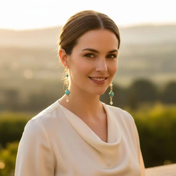 Long 14 K Gold Filled Turquoise Pearl Earrings worn by a smiling woman outdoors in soft sunlight.