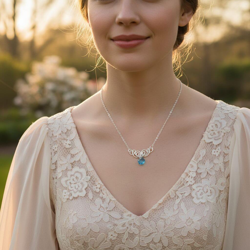 Silver Wire Sculpted Round Aqua Crystal Pendant Necklace