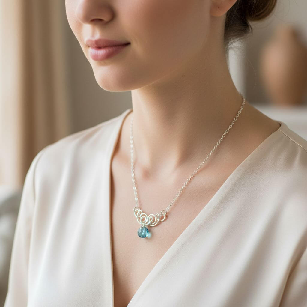 Silver Wire Sculpted Round Aqua Crystal Pendant Necklace