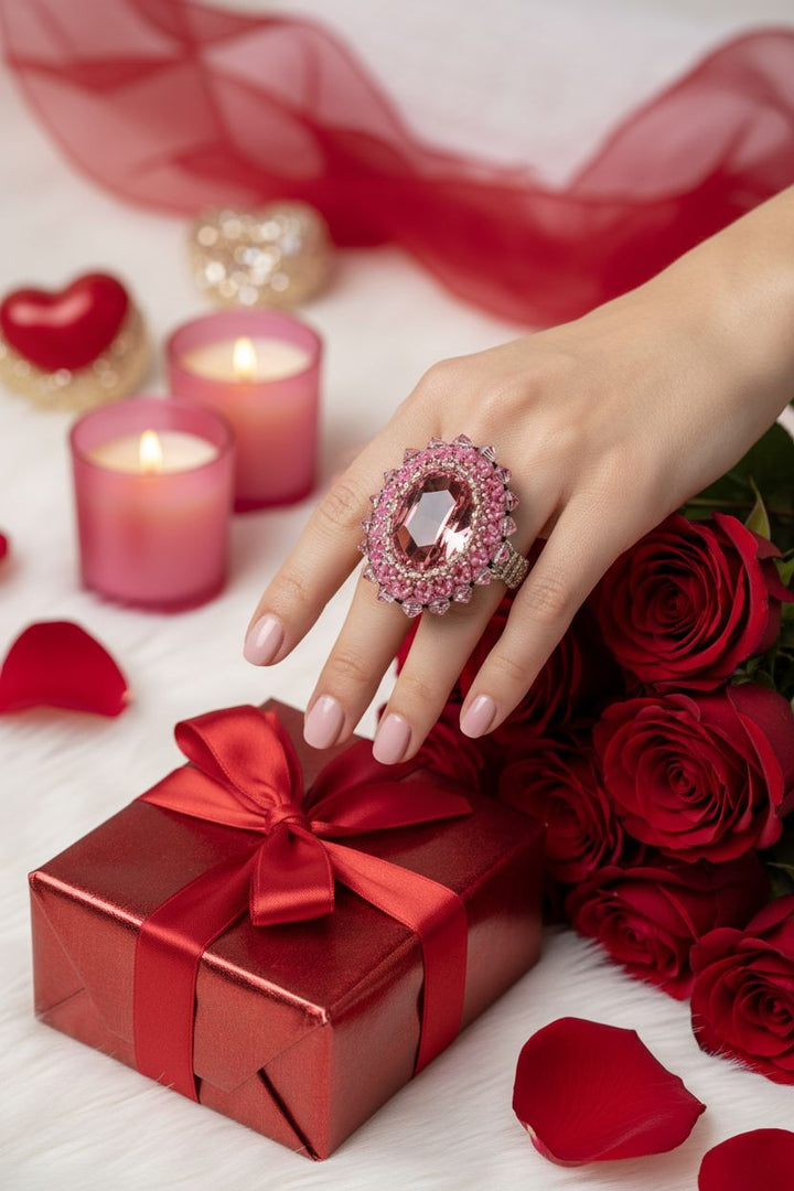 Epic Beaded Rose Crystal Bling Cocktail Ring