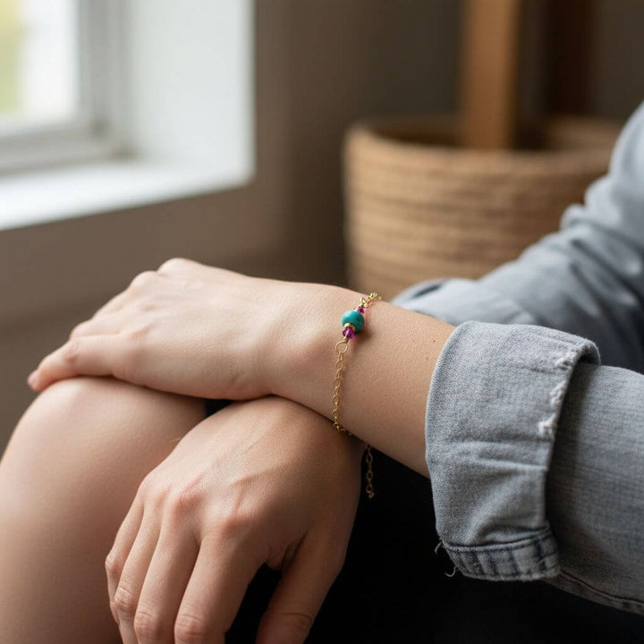 14K Gold Filled Pink and Turquoise Gemstone Dainty Bracelet