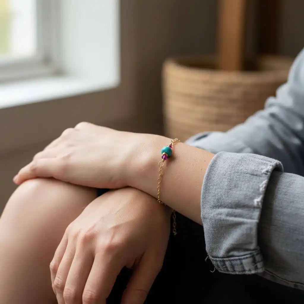 Model wearing a 14K Gold Filled Pink and Turquoise Gemstone Dainty Bracelet on her wrist near a window.
