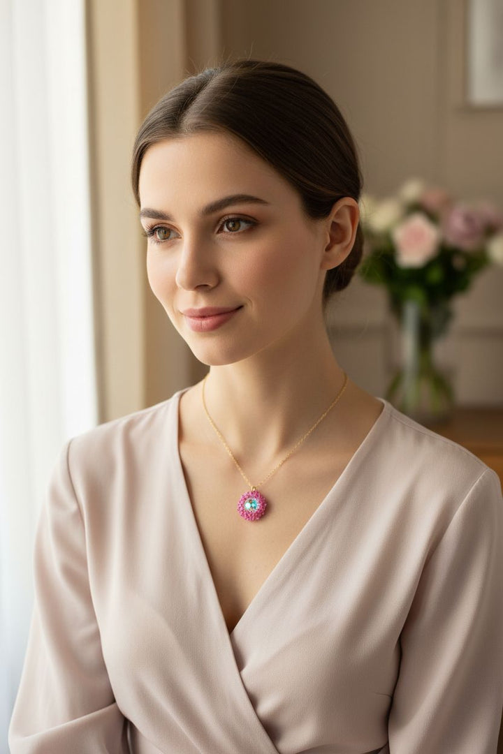 Pink Beaded Super Sparkly  Rivoli Crystal Necklace