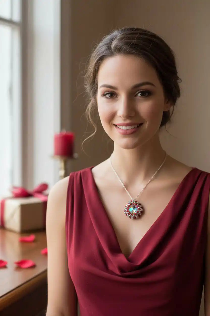 Beaded Super Sparkly Swarovski Rosette Star Pendant Necklace worn by a smiling woman in a red dress at a window.