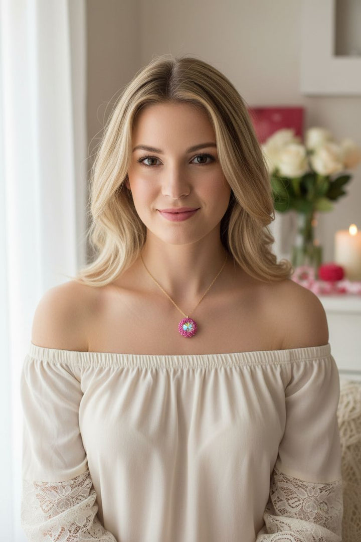 Pink Beaded Super Sparkly  Rivoli Crystal Necklace