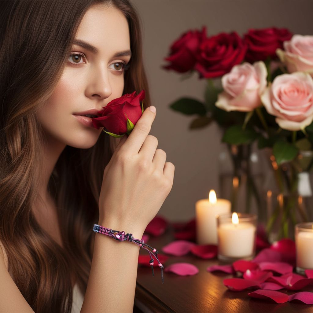 Macrame tie-dye leather Crystal bracelet worn by a woman holding a rose with candles and roses in the background.