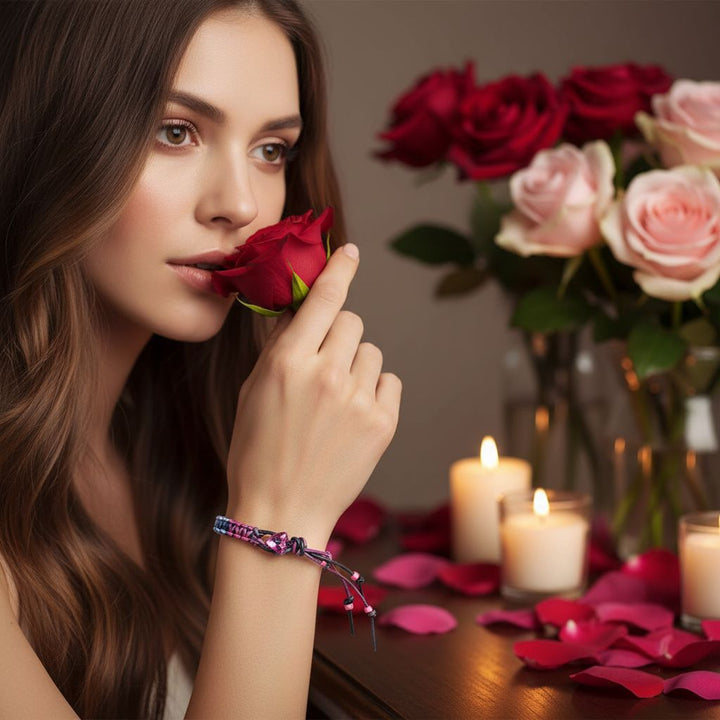 Macrame tie-dye leather Crystal bracelet worn by a woman holding a rose with candles and roses in the background.