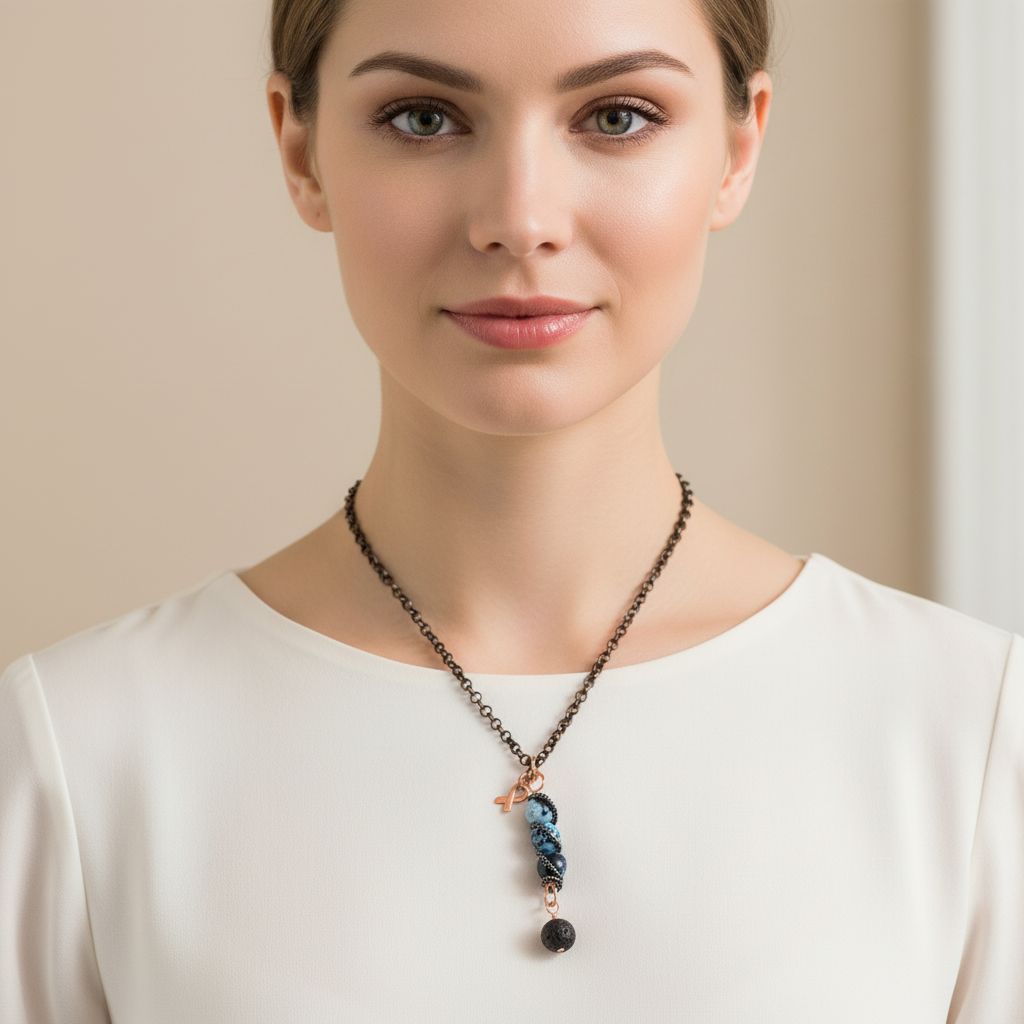 Child Abuse Awareness Agate Necklace With Lava Rock Bead worn by a woman, featuring blue agate beads and a copper spiral pendant.