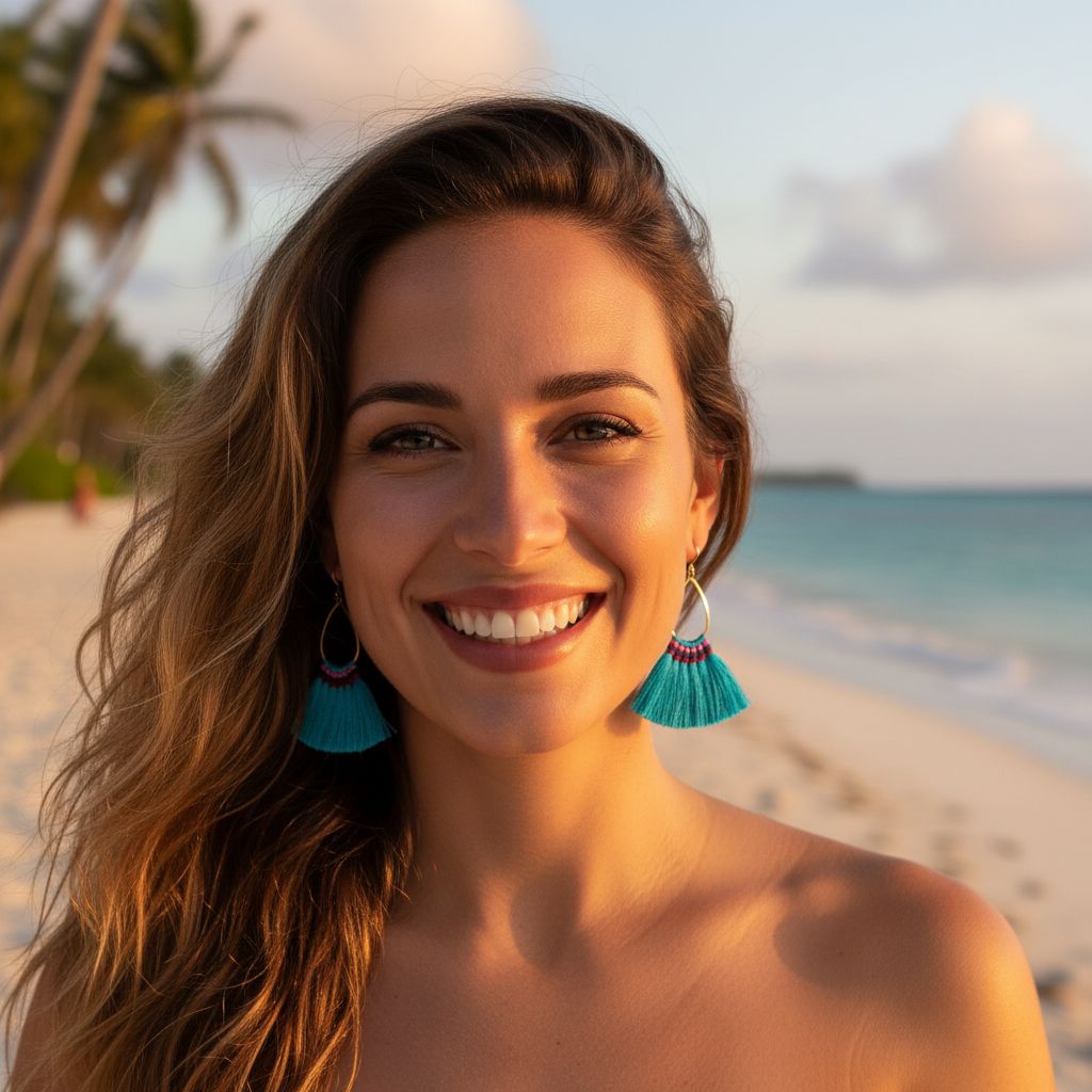 Handmade Hawaii Hula Skirt Rayon Silk Tassel Hoop Earrings worn by a woman on a beach during sunset.