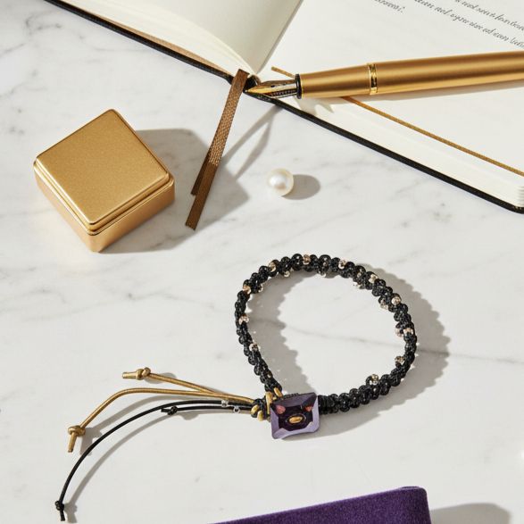 Macrame Black Gold Leather Crystal Glam Bracelet