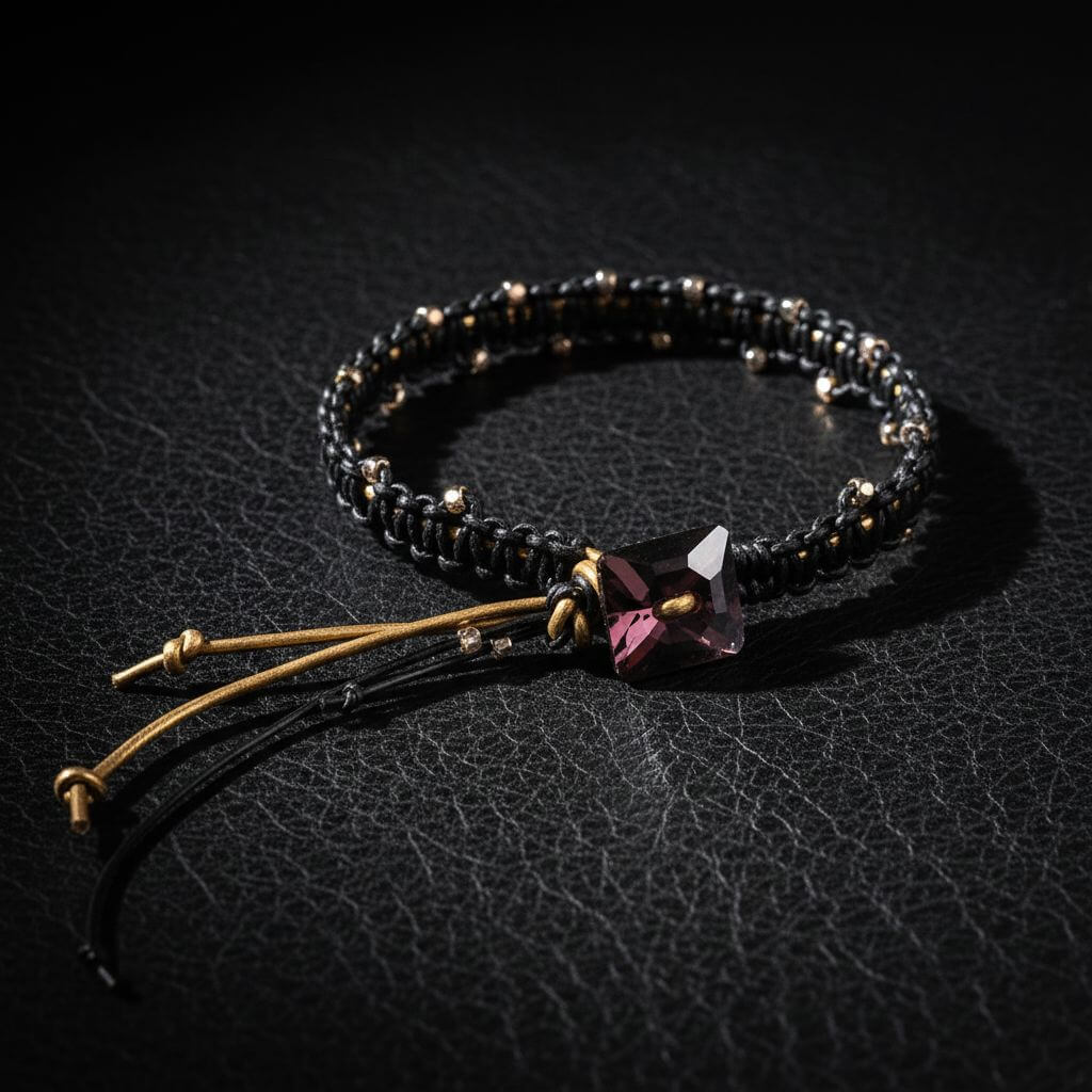 Macrame Black Gold Leather Crystal Glam Bracelet