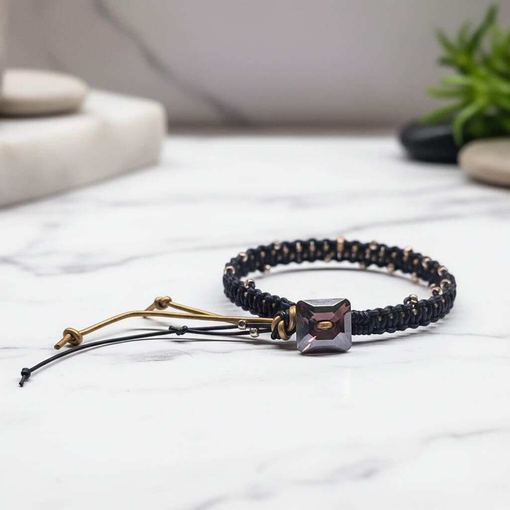 Macrame Black Gold Leather Crystal Glam Bracelet