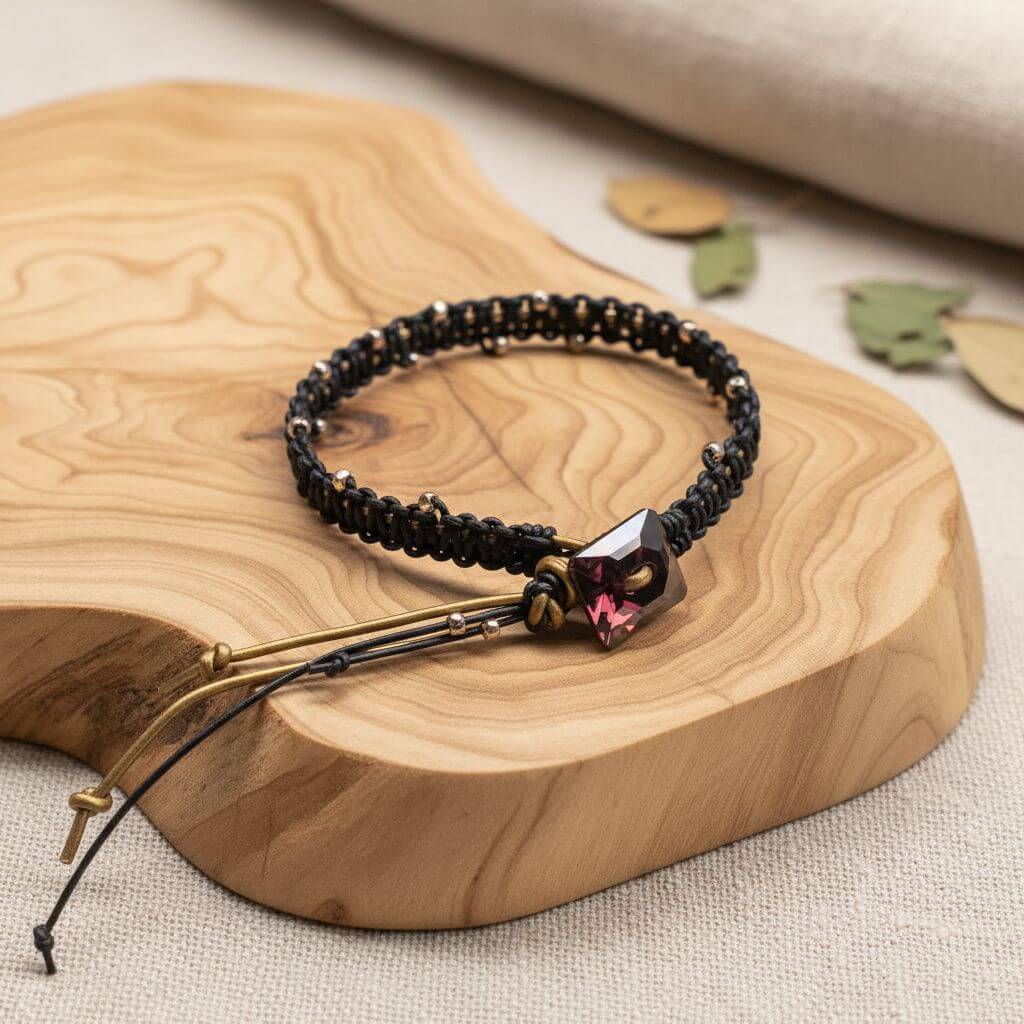 Macrame Black Gold Leather Crystal Glam Bracelet