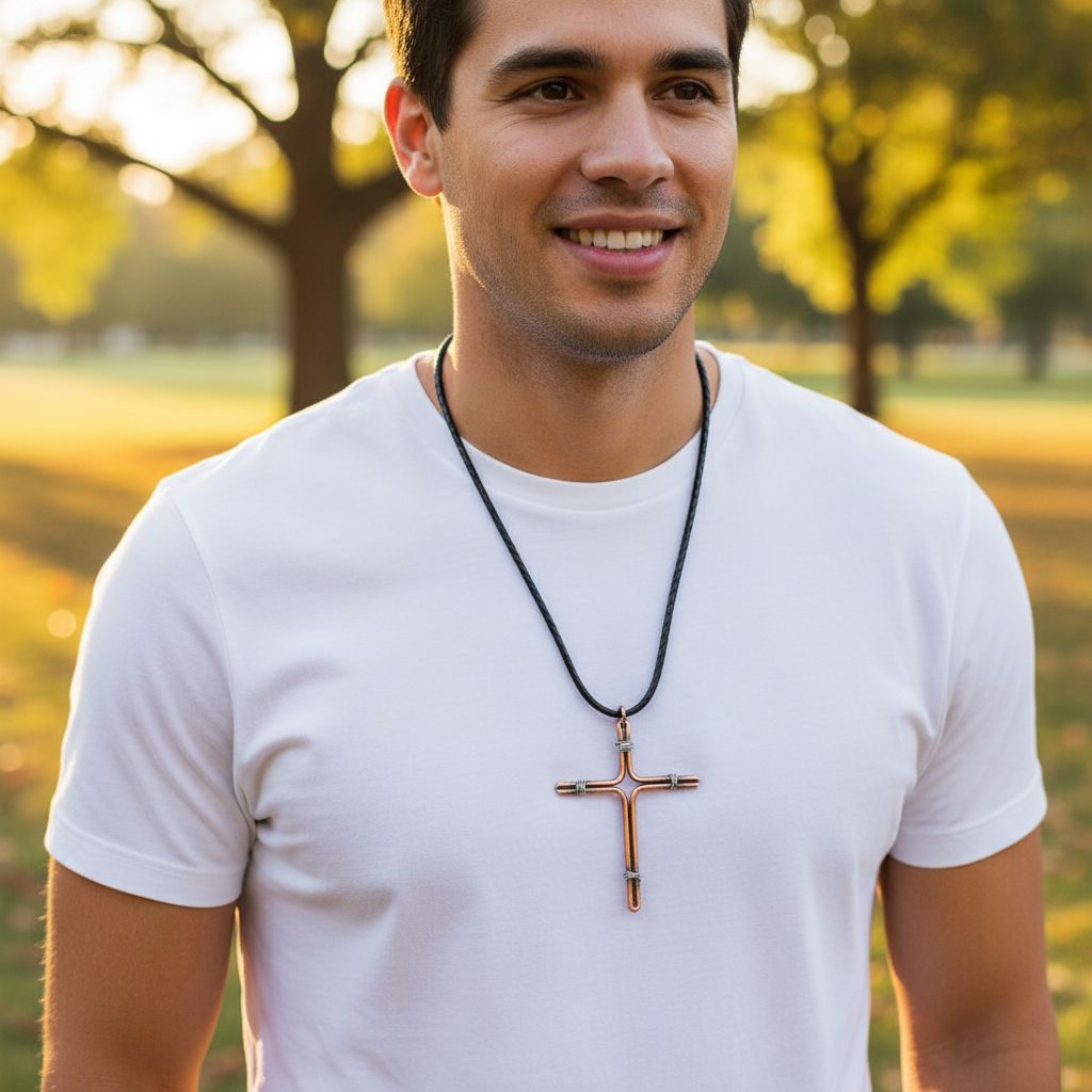 Handmade Large Copper and Silver Wire Cross Necklace for Men