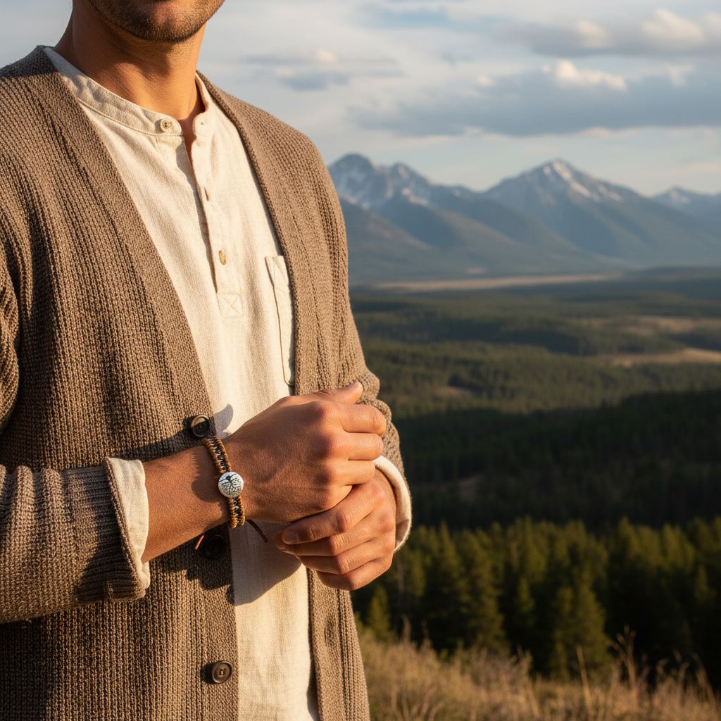 Tree of Life Button Brown Gray Leather Wrap Seed Bead Bracelet