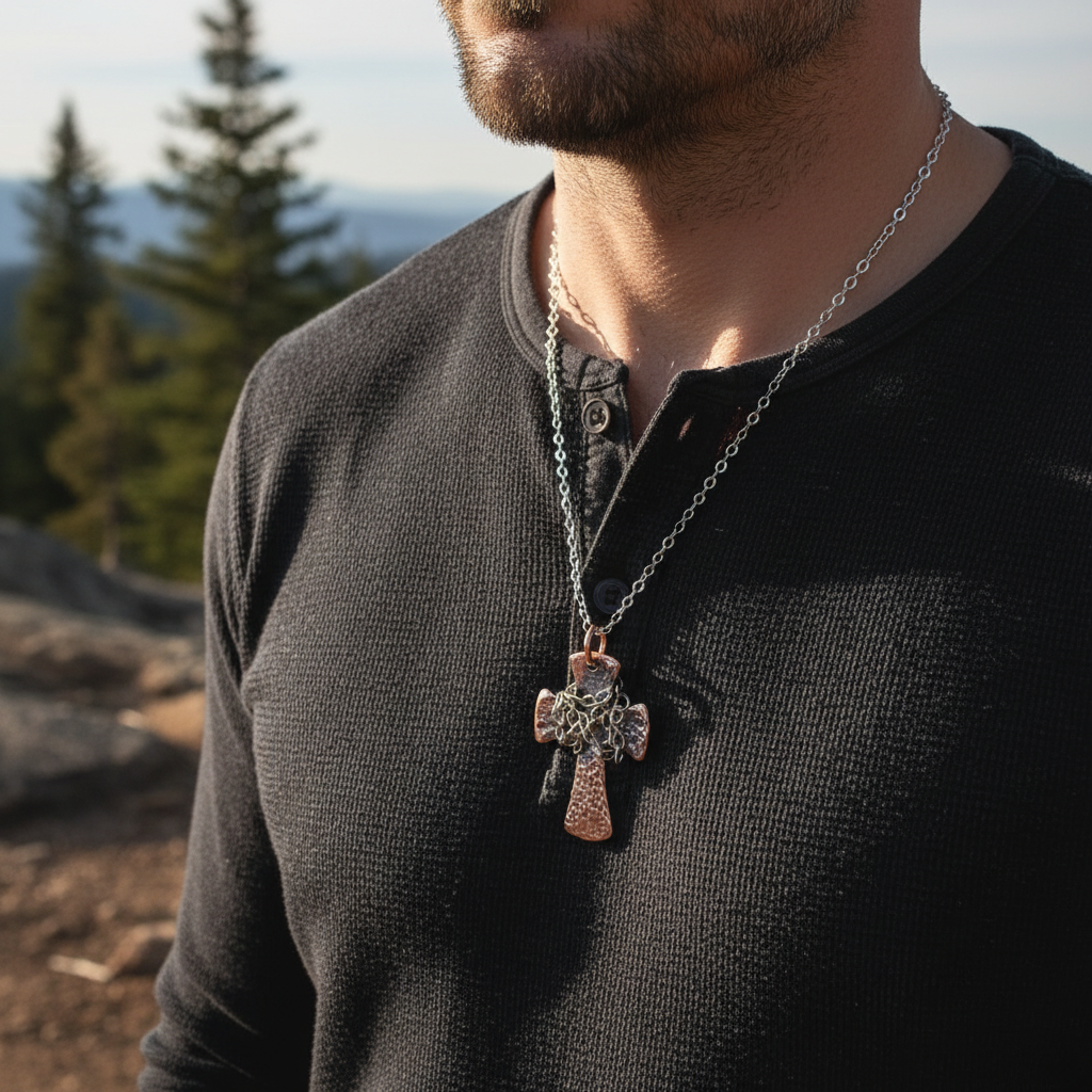 Male model wearing chained hammered copper cross necklace - chest close-up