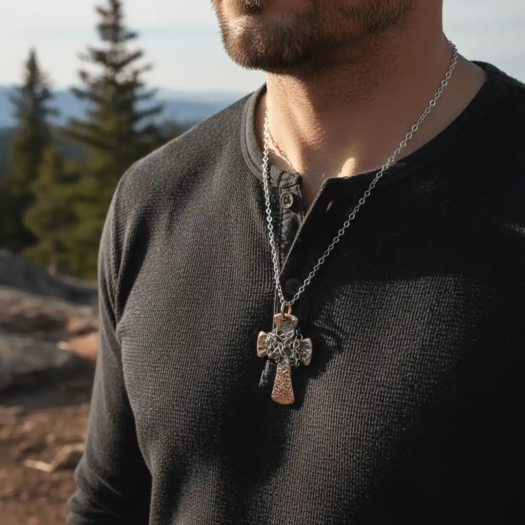 Chained Hammered Copper Cross Necklace For Him Or Her worn by a man outdoors with trees in the background.