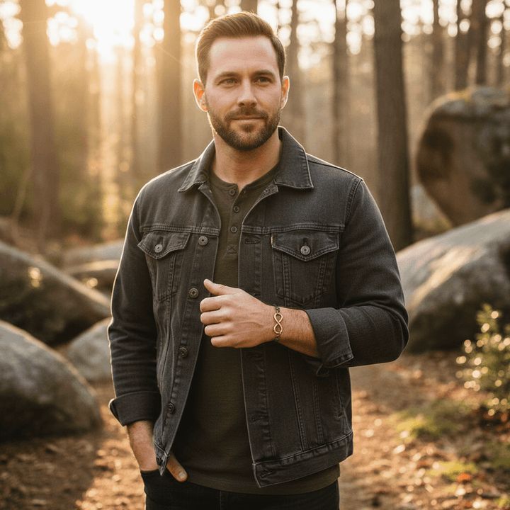 Male model wearing copper swivel infinity bracelet - casual pose