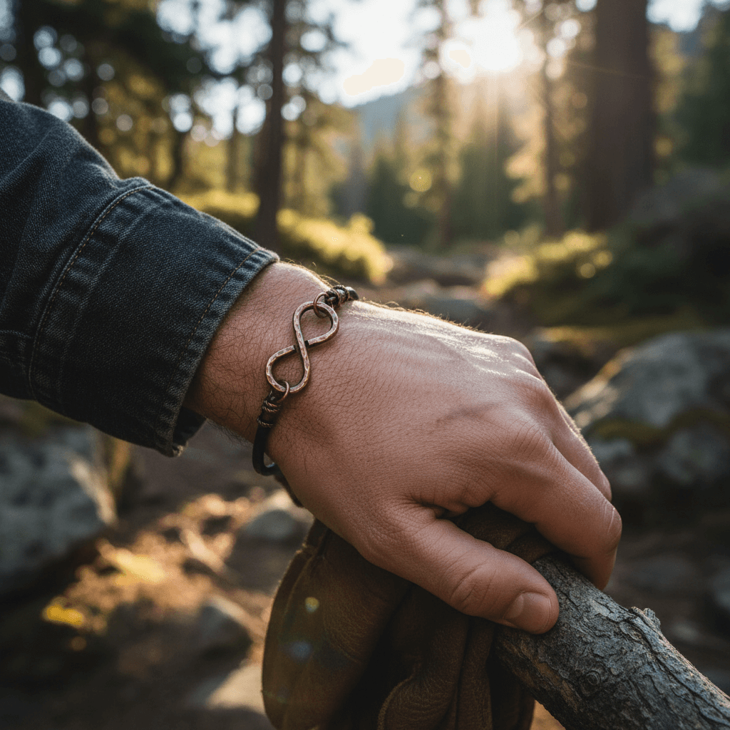 Male model wearing copper swivel infinity bracelet - wrist close-up