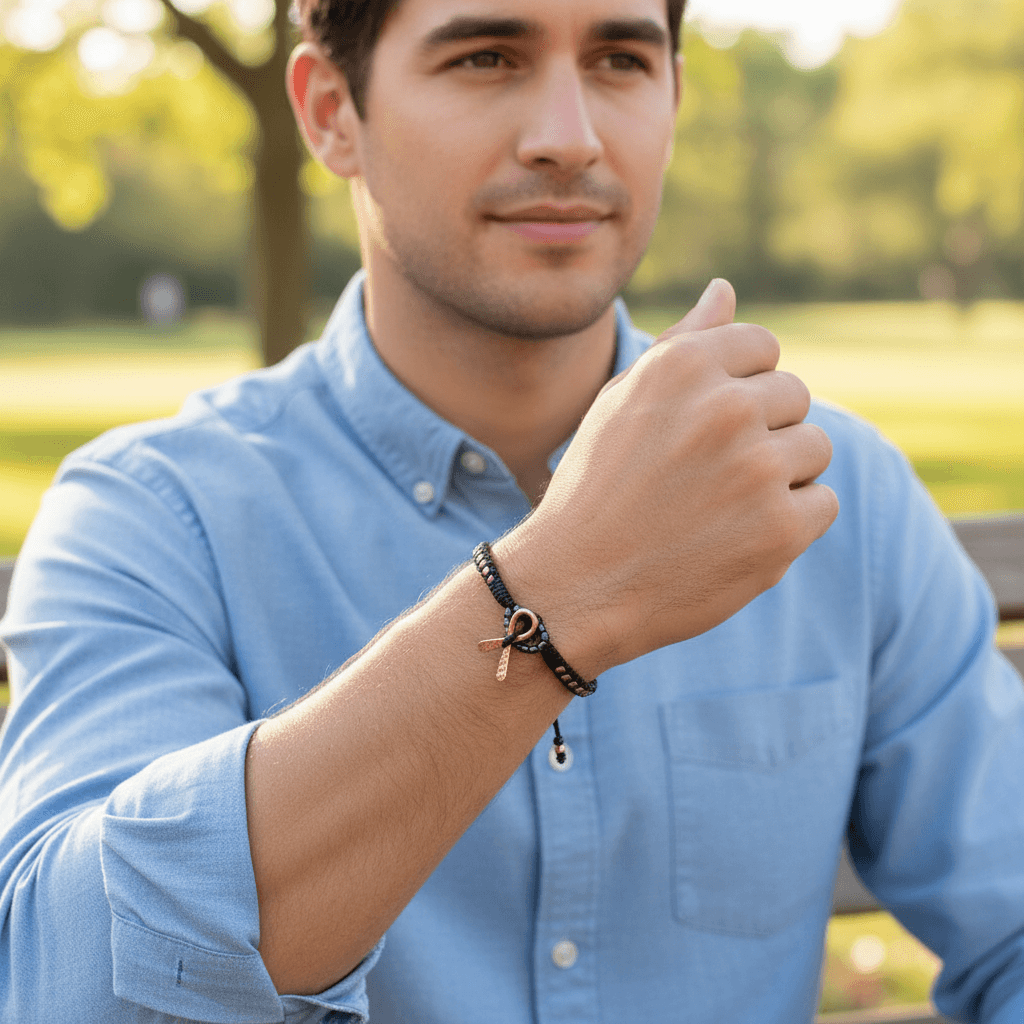Male model wearing pink braided breast cancer awareness bracelet