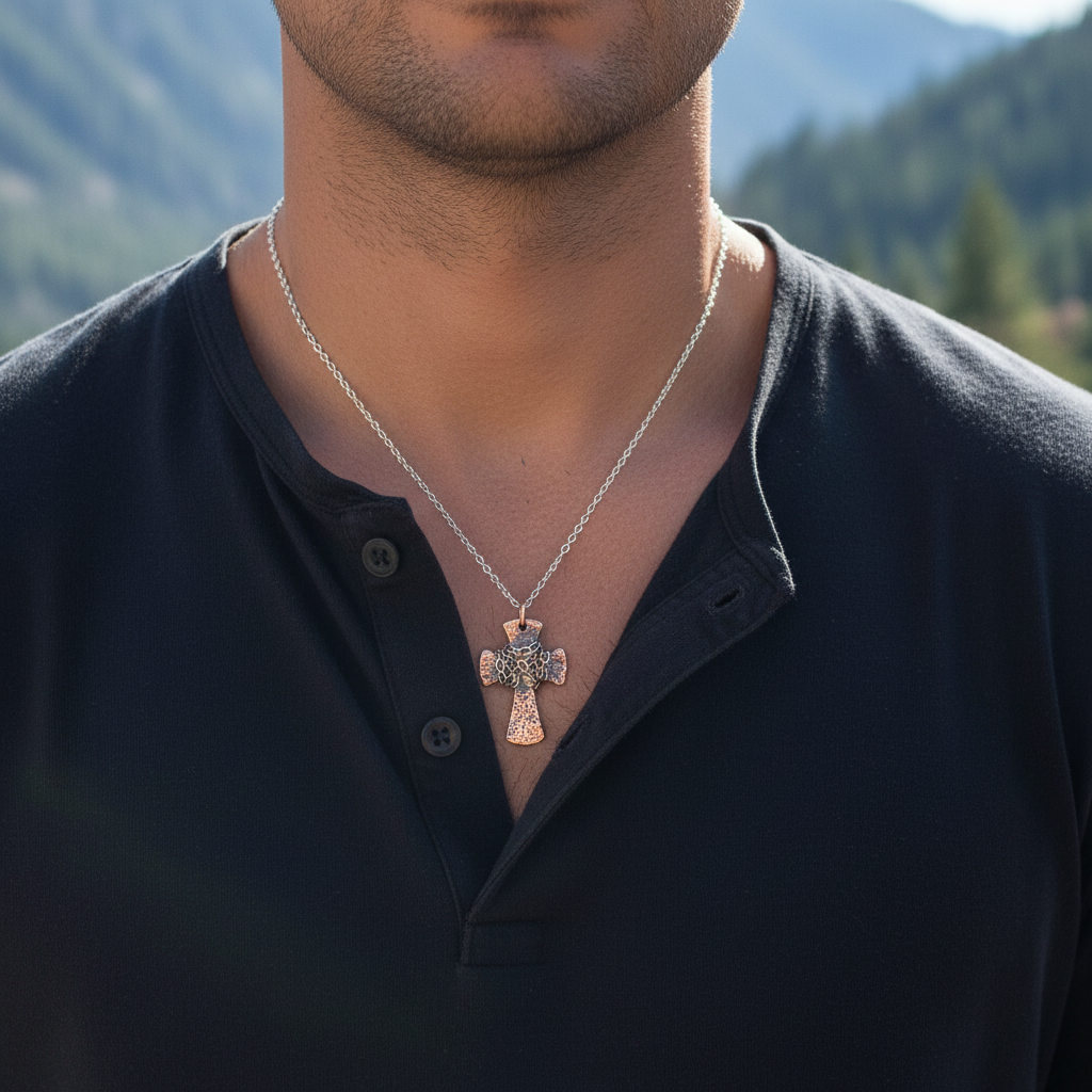 Male model wearing small hammered copper cross necklace - chest close-up