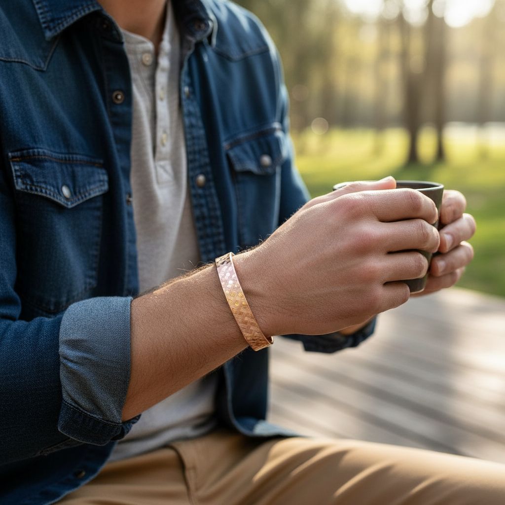 His and Her Copper Embossed Weave Cuff Set 16 Gauge