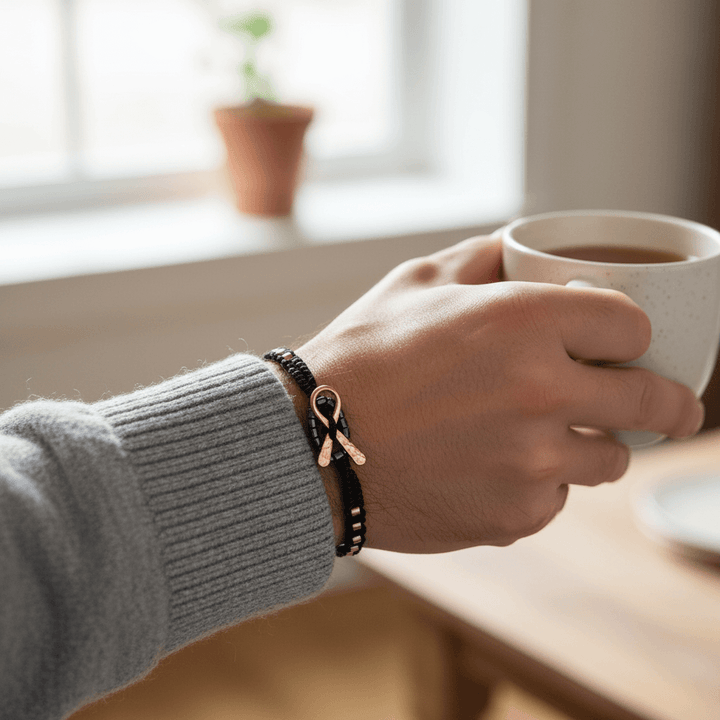 Male model wrist close-up with pink breast cancer awareness bracelet