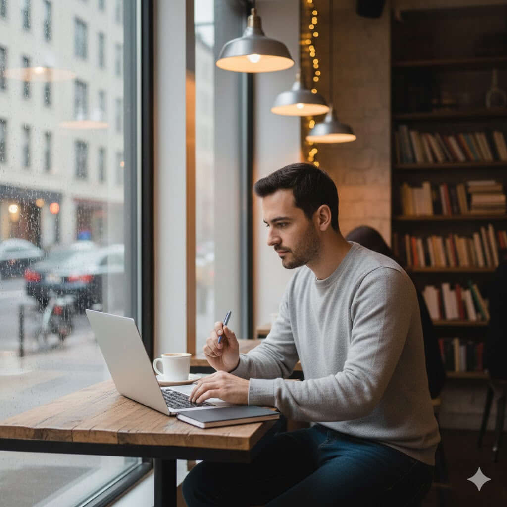 Person writing on a laptop while enjoying a coffee in a cozy cafe setting with large windows and bookshelves.