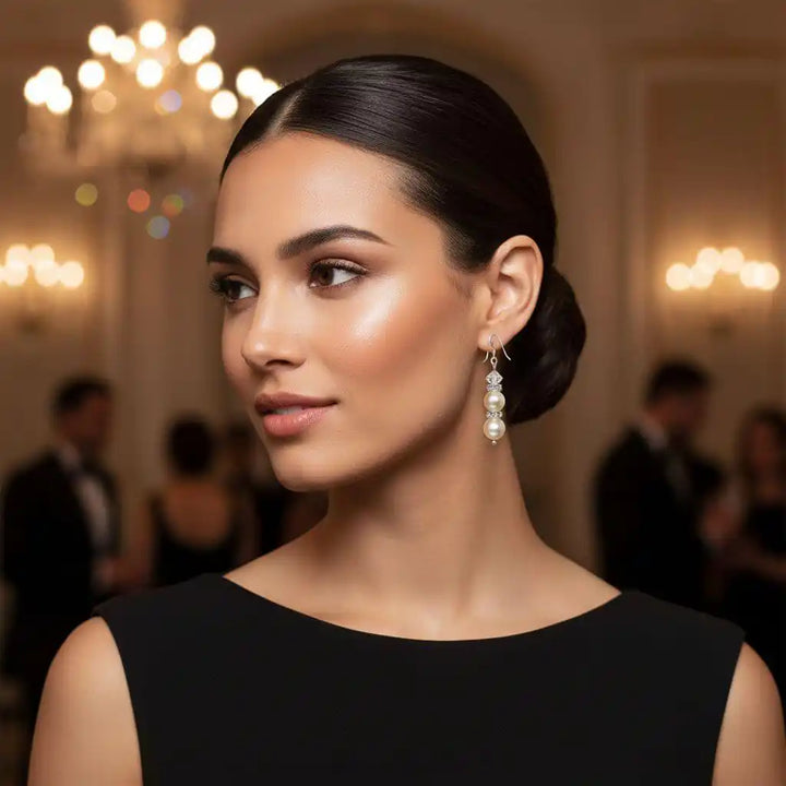 Bridal Sterling Silver Stacked Crystal and Pearl Earrings worn by a model at an elegant event, showcasing timeless style.