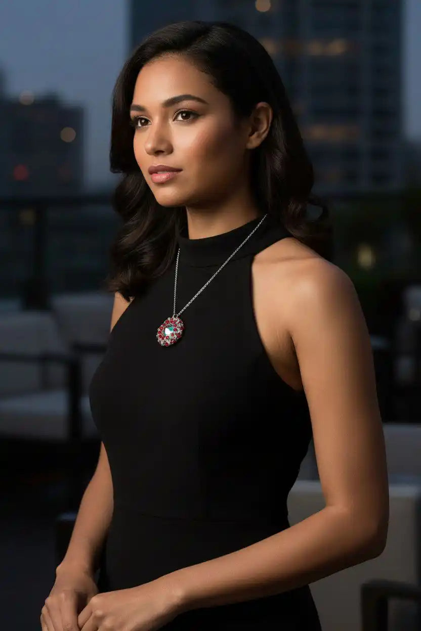 Model wearing a Beaded Super Sparkly Swarovski Rosette Star Pendant Necklace, showcasing its stunning design and brilliance.