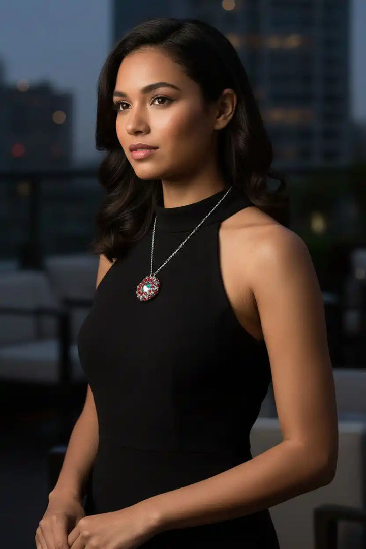 Model wearing a Beaded Super Sparkly Swarovski Rosette Star Pendant Necklace, showcasing its stunning design and brilliance.
