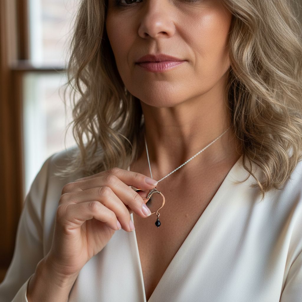 Woman wearing a Hammered Copper Butterfly Wing Child Abuse Survivor Necklace with black Swarovski crystal.