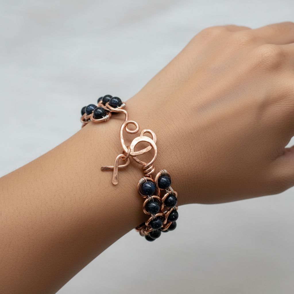 Wire Sculpted Blue Beaded Infinity Child Abuse Bangle worn on wrist, featuring copper and blue sandstone beads.