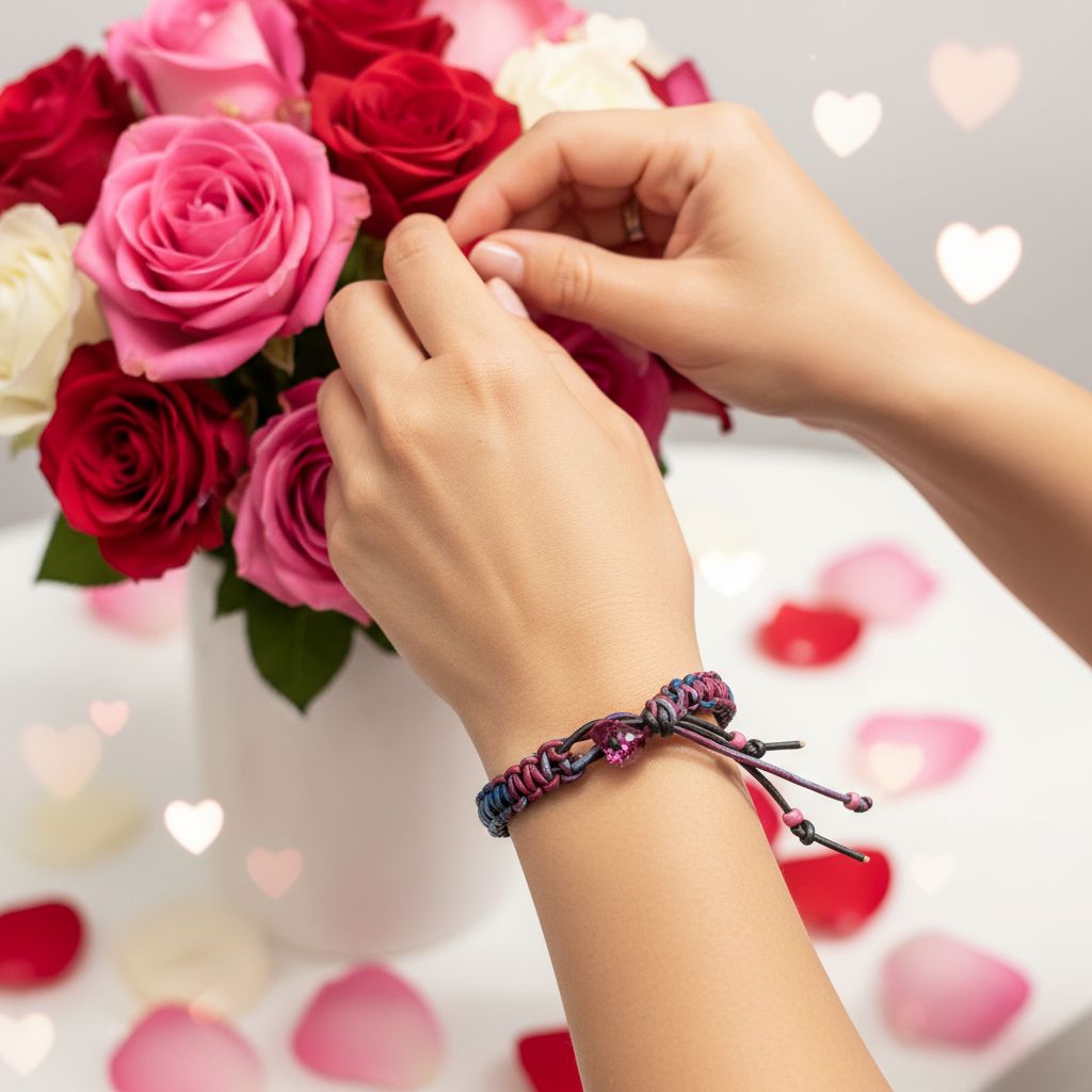 Person wearing a Macrame Tie-Dye Leather Crystal Bracelet while arranging roses in a vase.