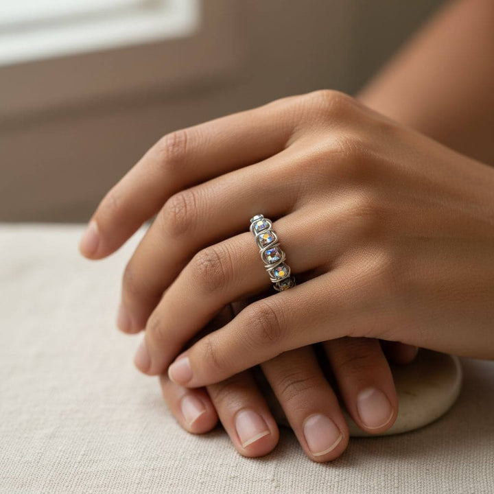 Wire Wrapped Silver Hammered Super Sparkly Crystal Bling Ring