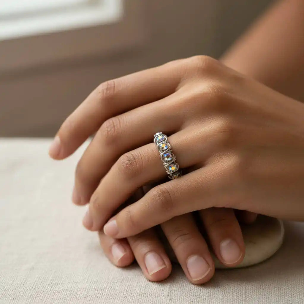 Wire Wrapped Silver Hammered Super Sparkly Crystal Bling Ring