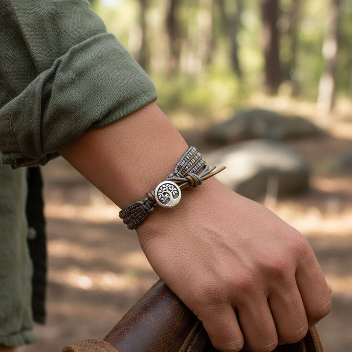 Men's Leather Wrap Bracelet Tree of Life Intricately Beaded