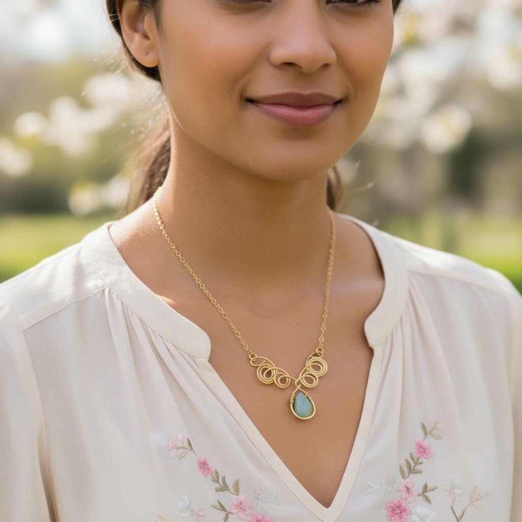 Gold Filled Wire Sculpted Mint Gemstone Drop Necklace