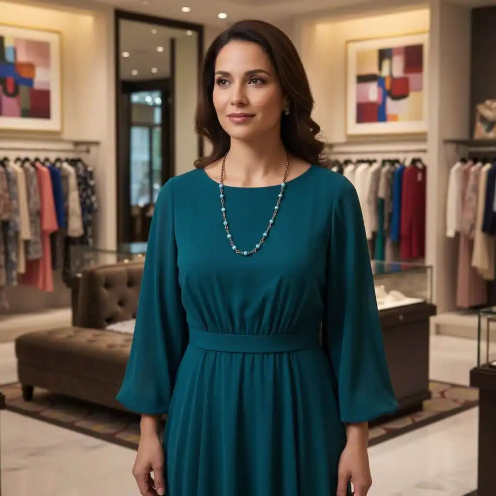 Woman wearing a Wire Wrapped 24 Inches Copper Turquoise Necklace in a boutique setting.
